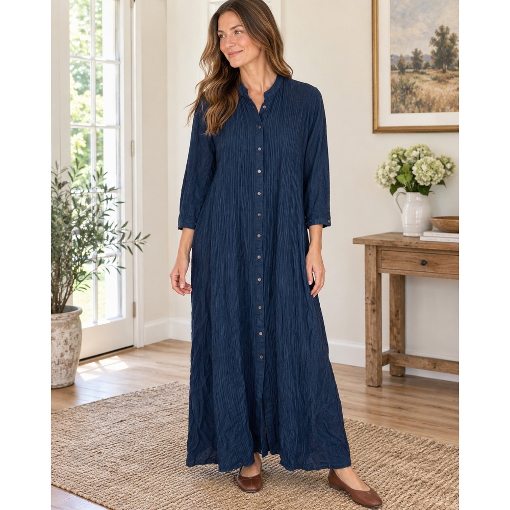 April Cornell Navy Blue Crinkle Rayon Long Sleeve Button Front Maxi Dress M